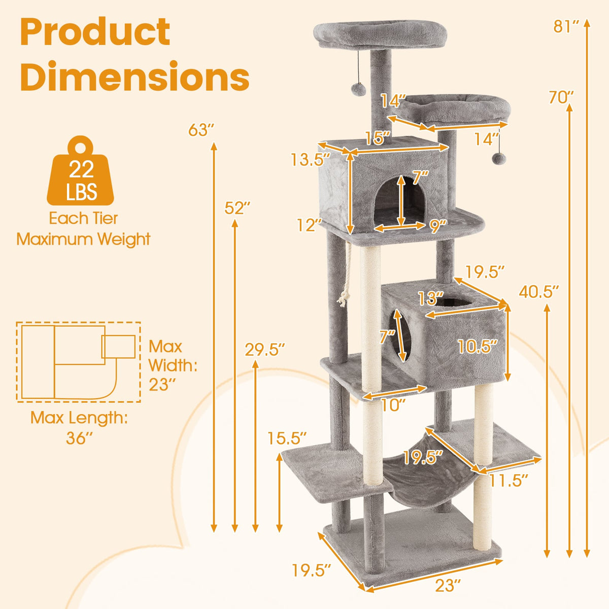 84 Inch Large Cat Tree with 2 Condos and 2 Soft Plush Perches for Indoor Cats-Gray-Cat Trees & Scratchers-DECOROLALA