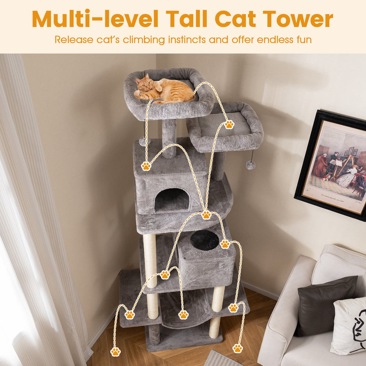 84 Inch Large Cat Tree with 2 Condos and 2 Soft Plush Perches for Indoor Cats-Gray-Cat Trees & Scratchers-DECOROLALA