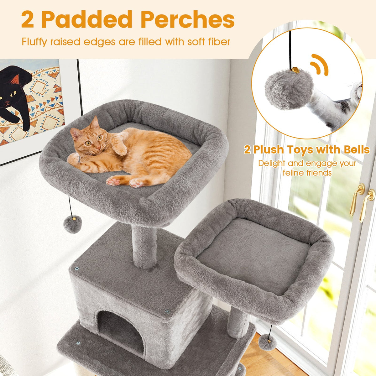 84 Inch Large Cat Tree with 2 Condos and 2 Soft Plush Perches for Indoor Cats-Gray-Cat Trees & Scratchers-DECOROLALA
