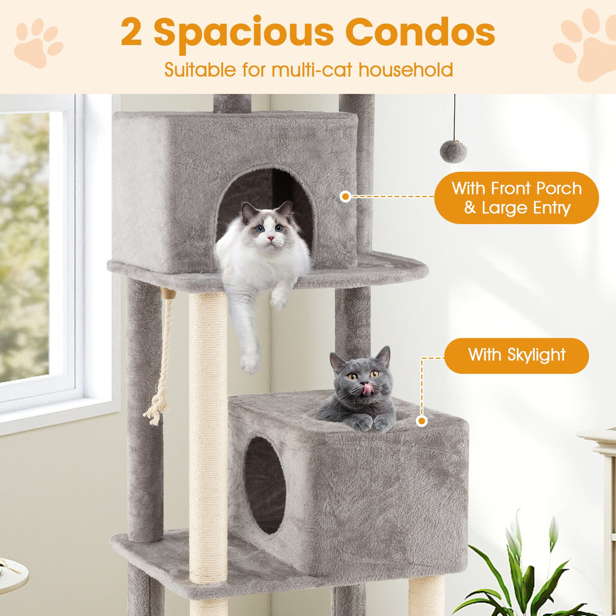 84 Inch Large Cat Tree with 2 Condos and 2 Soft Plush Perches for Indoor Cats-Gray-Cat Trees & Scratchers-DECOROLALA