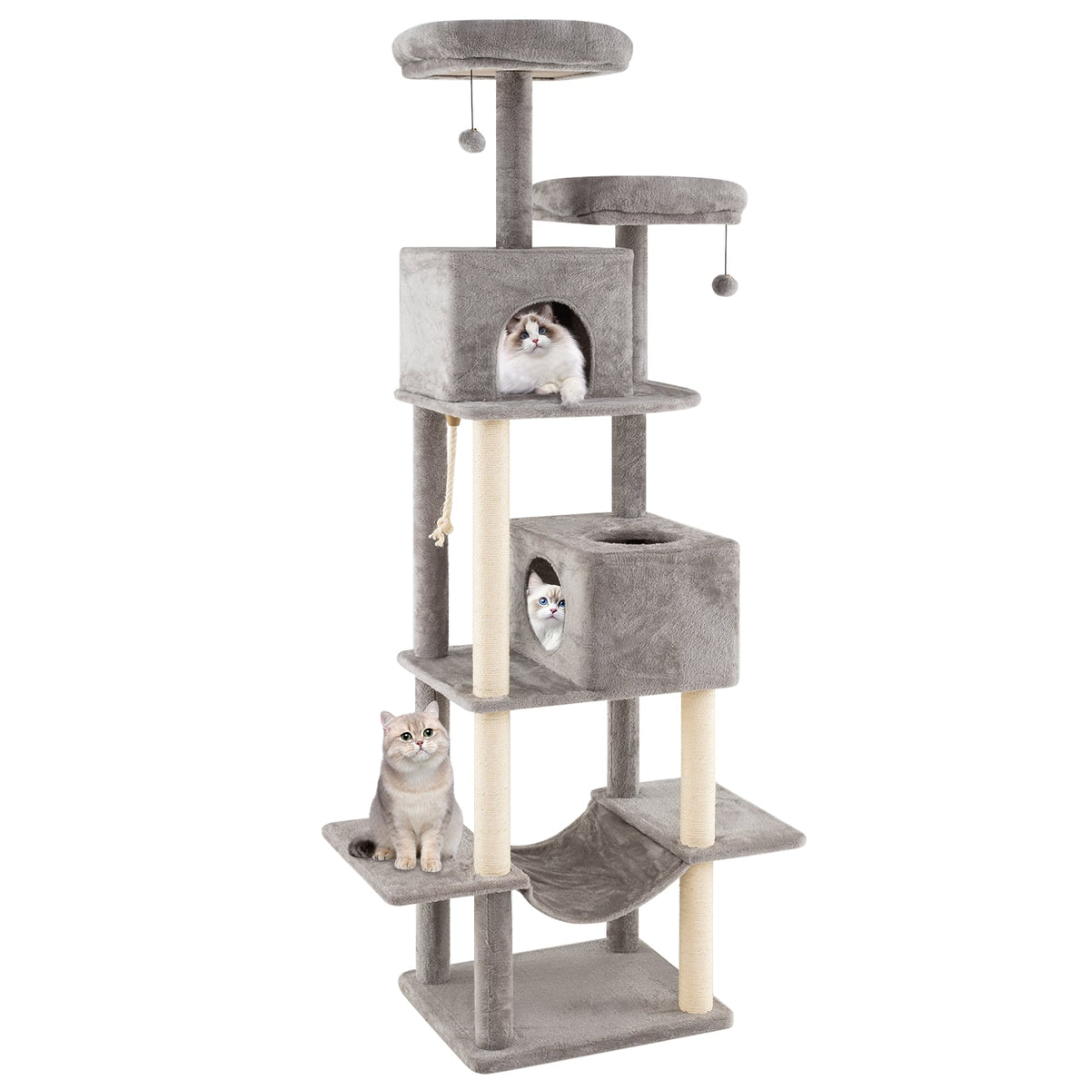 84 Inch Large Cat Tree with 2 Condos and 2 Soft Plush Perches for Indoor Cats-Gray-Cat Trees & Scratchers-DECOROLALA