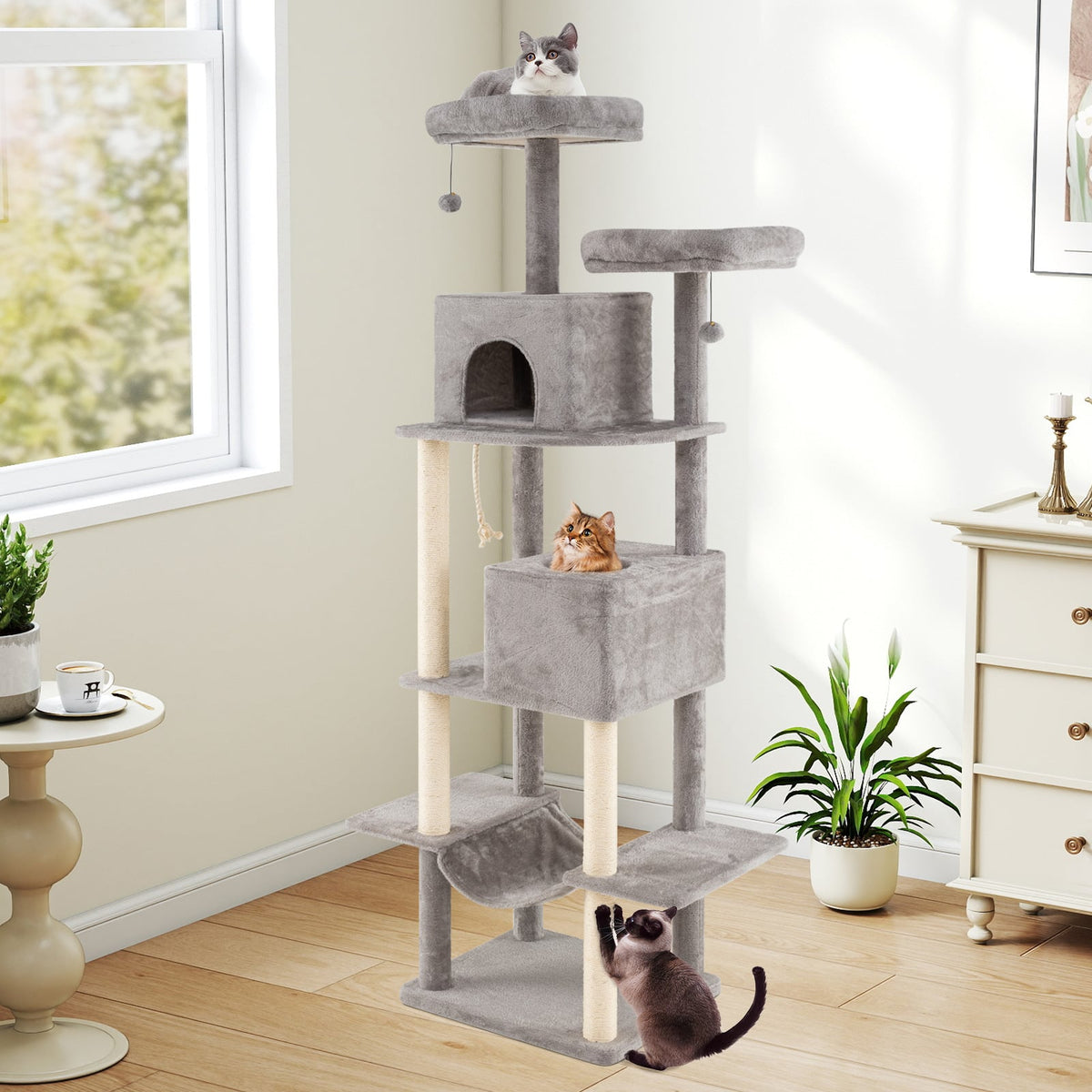 84 Inch Large Cat Tree with 2 Condos and 2 Soft Plush Perches for Indoor Cats-Gray-Cat Trees & Scratchers-DECOROLALA