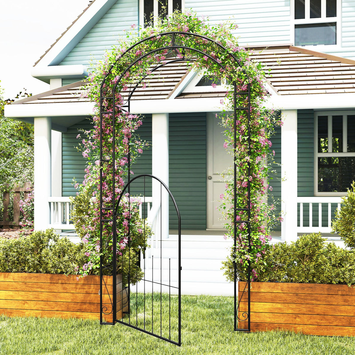 84 Inch Tall Garden Arch Metal Arbor Archway with Gate-Garden Arbors-DECOROLALA