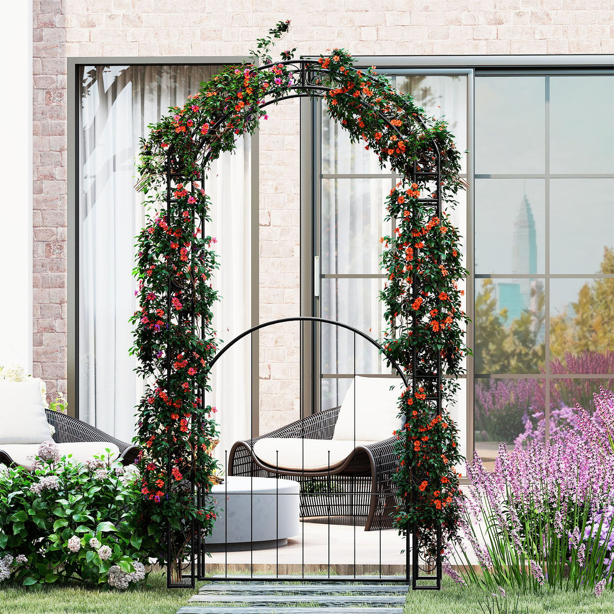 84 Inch Tall Garden Arch Metal Arbor Archway with Gate-Garden Arbors-DECOROLALA