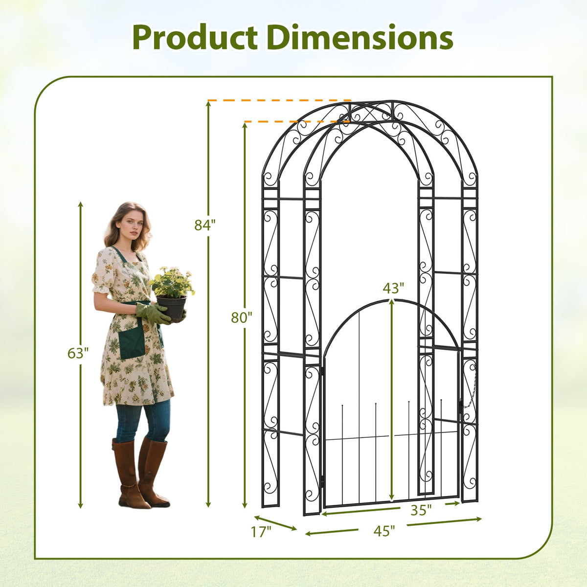 84 Inch Tall Garden Arch Metal Arbor Archway with Gate-Garden Arbors-DECOROLALA