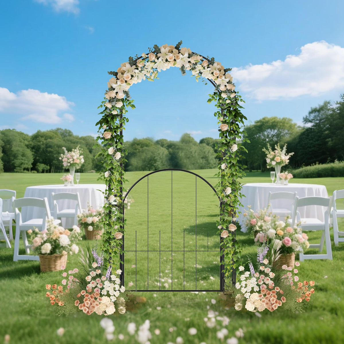 84 Inch Tall Garden Arch Metal Arbor Archway with Gate-Garden Arbors-DECOROLALA