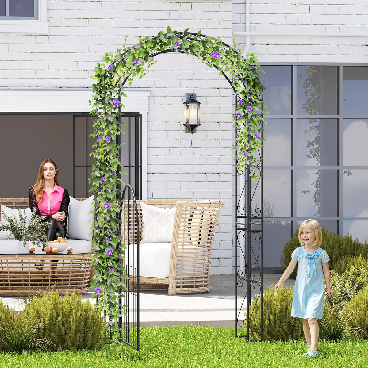 84 Inch Tall Garden Arch Metal Arbor Archway with Gate-Garden Arbors-DECOROLALA