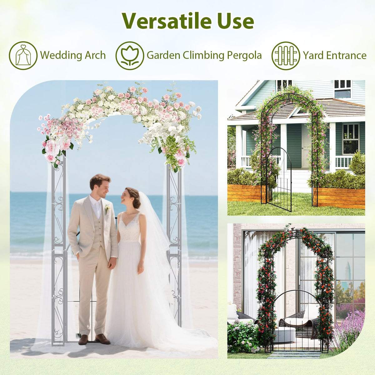 84 Inch Tall Garden Arch Metal Arbor Archway with Gate-Garden Arbors-DECOROLALA