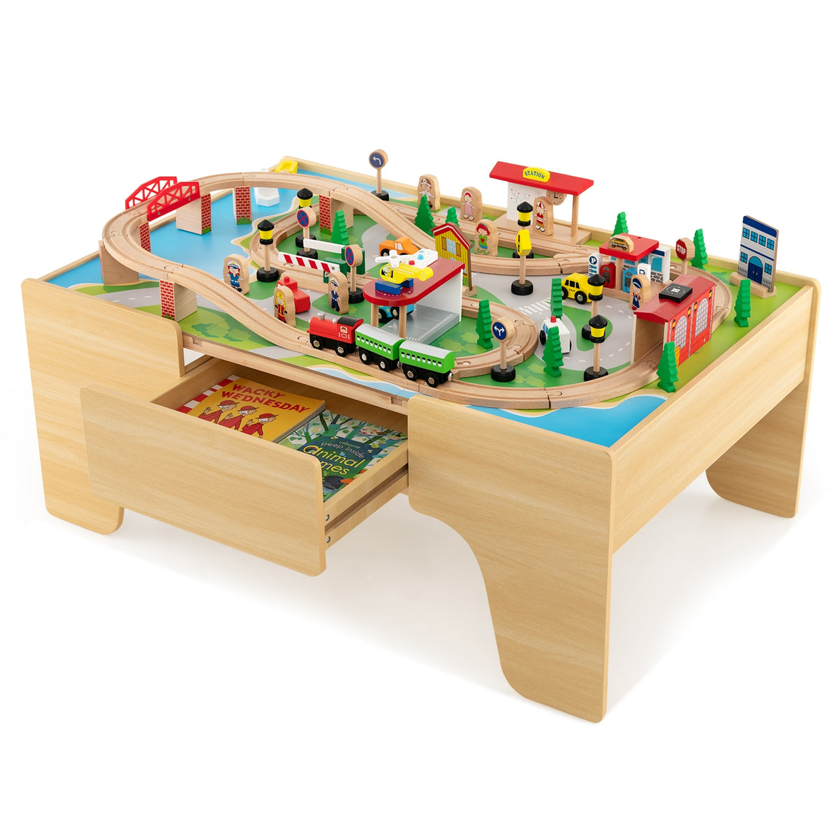 84-Piece Wooden Train Set with Reversible 2-in-1 Play Table-Educational Toys-DECOROLALA