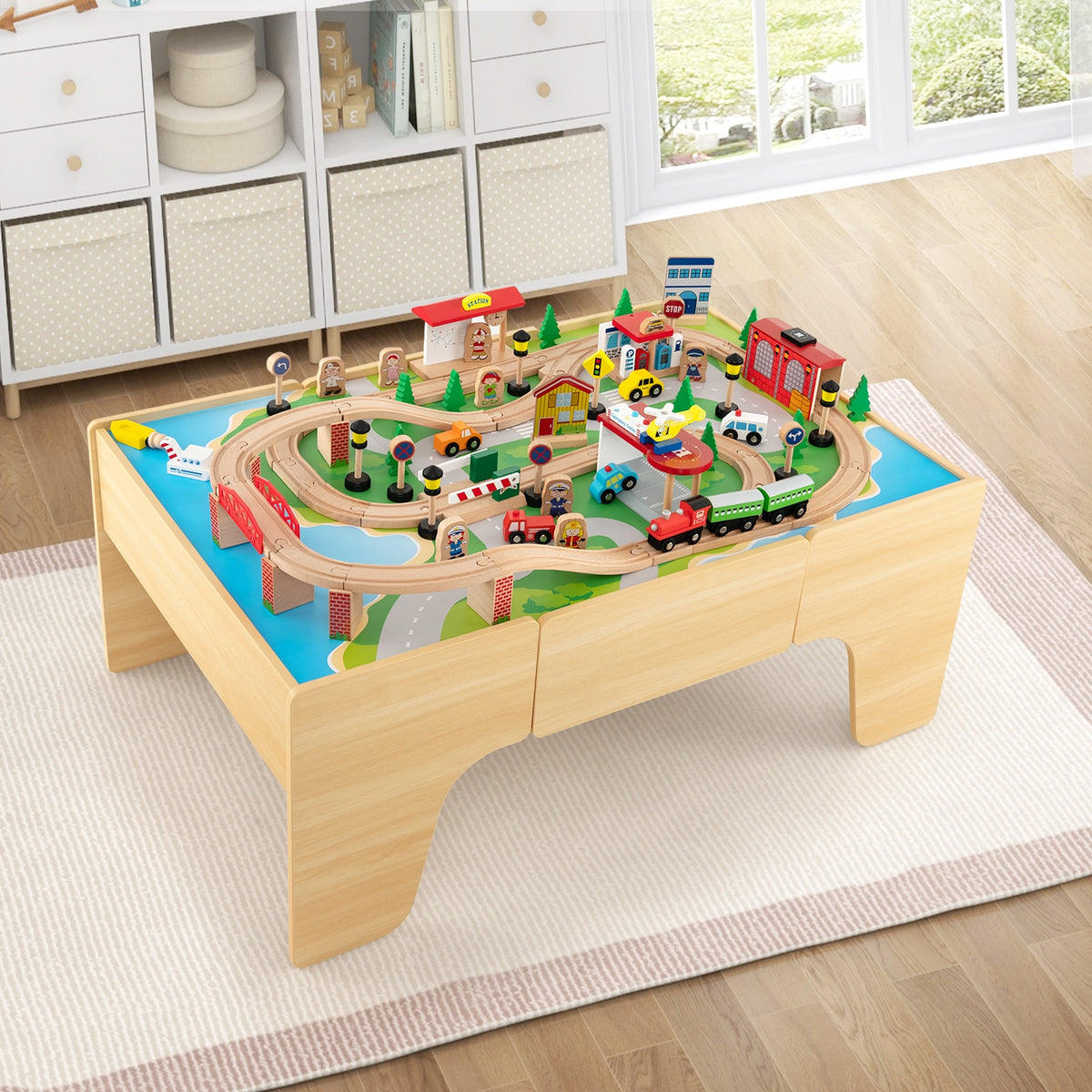 84-Piece Wooden Train Set with Reversible 2-in-1 Play Table-Educational Toys-DECOROLALA