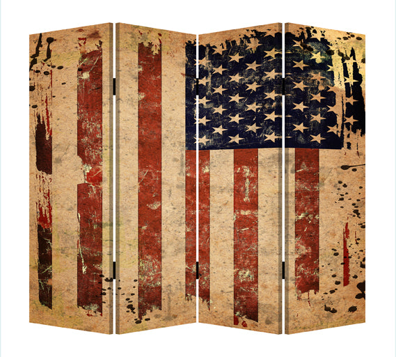 84" Red Natural And Blue American Flag Reversible Canvas Folding Four Panel Room Divider-Room Dividers-DECOROLALA