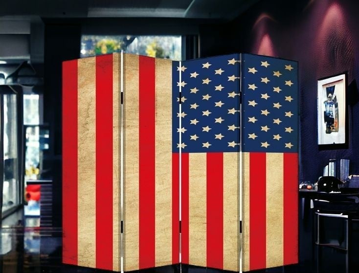 84" Red Natural And Blue American Flag Reversible Canvas Folding Four Panel Room Divider-Room Dividers-DECOROLALA