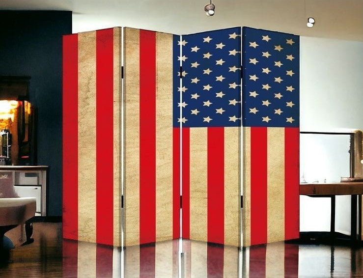 84" Red Natural And Blue American Flag Reversible Canvas Folding Four Panel Room Divider-Room Dividers-DECOROLALA