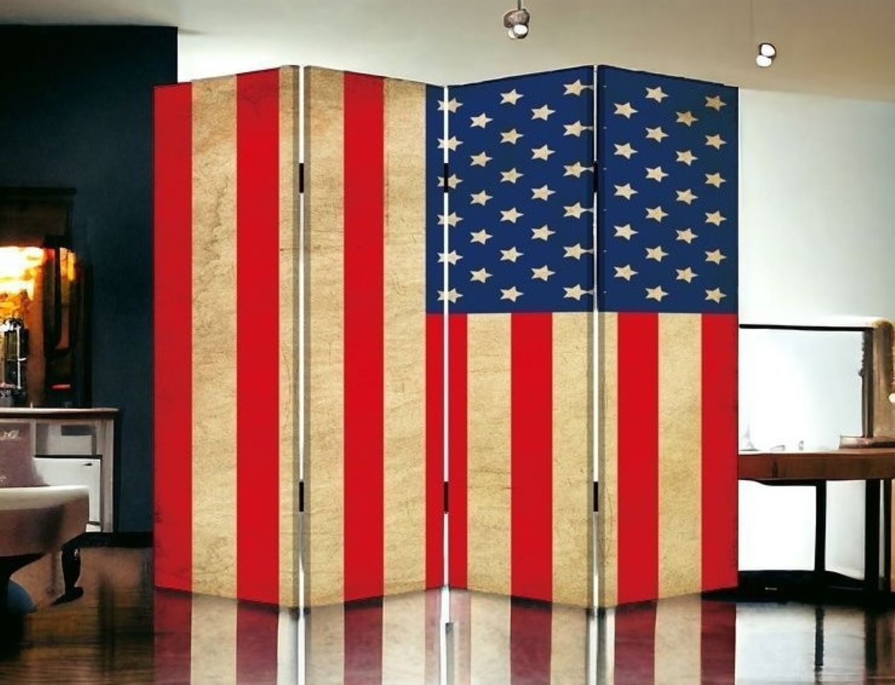 84" Red Natural And Blue American Flag Reversible Canvas Folding Four Panel Room Divider-Room Dividers-DECOROLALA