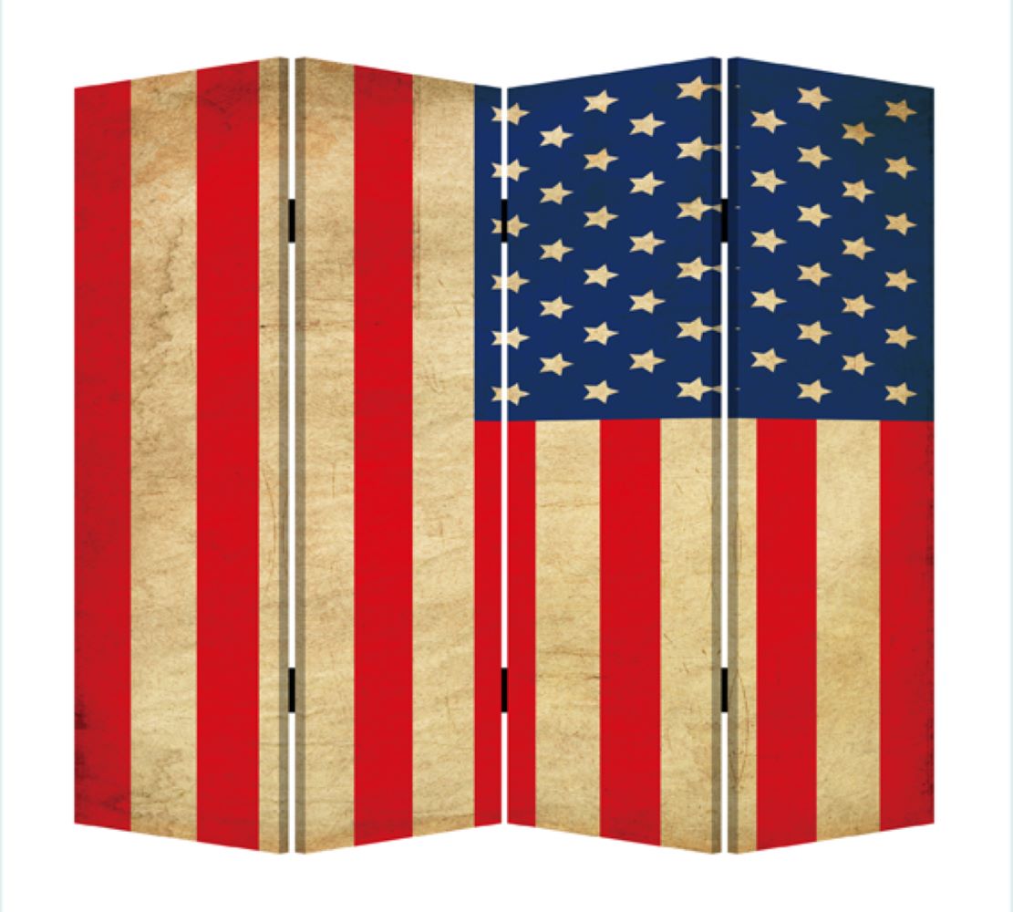 84" Red Natural And Blue American Flag Reversible Canvas Folding Four Panel Room Divider-Room Dividers-DECOROLALA
