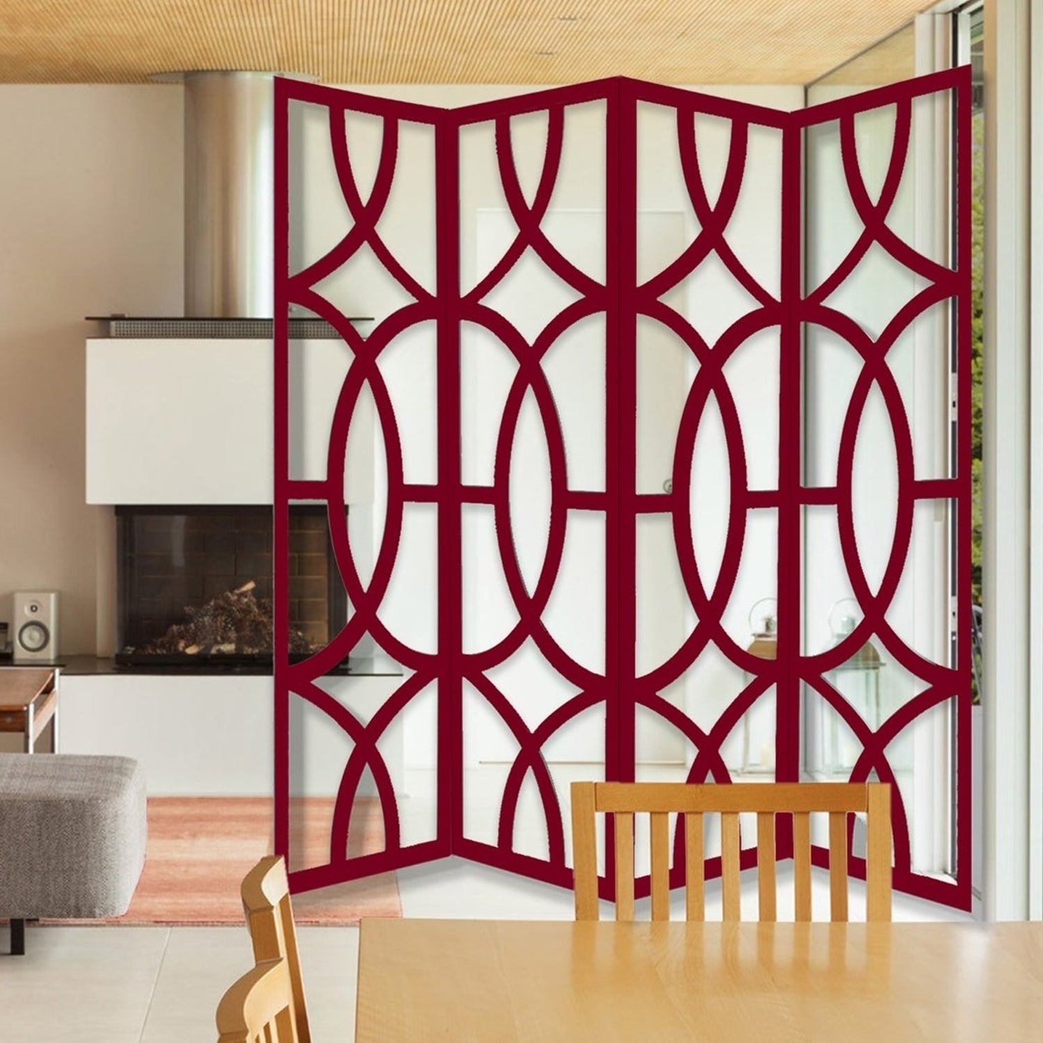 84" Red Solid Wood Folding Four Panel Screen Room Divider-Room Dividers-DECOROLALA
