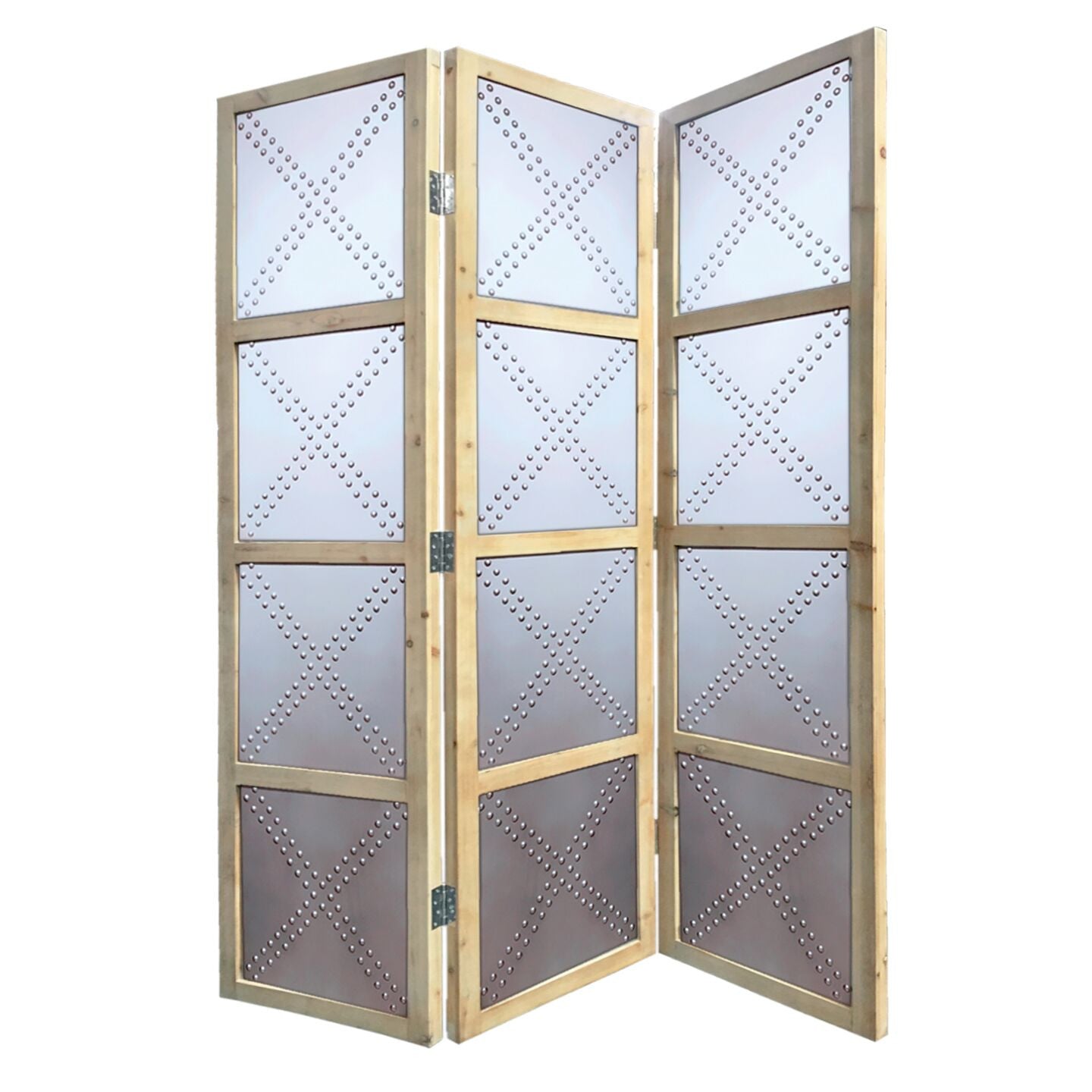 84" Silver Folding Three Panel Screen Room Divider-Room Dividers-DECOROLALA