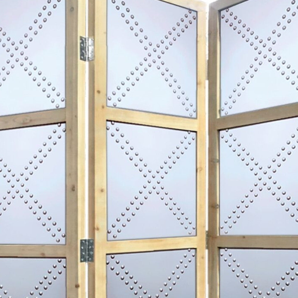 84" Silver Folding Three Panel Screen Room Divider-Room Dividers-DECOROLALA