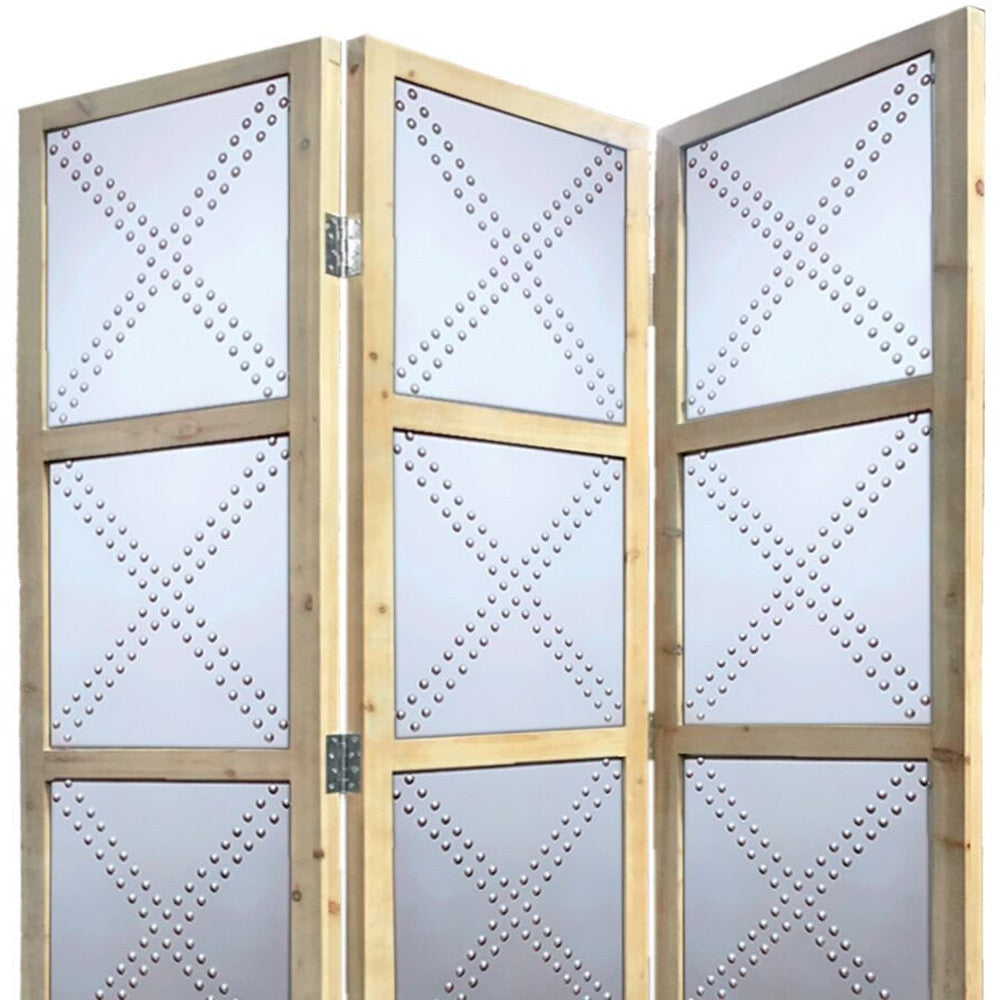 84" Silver Folding Three Panel Screen Room Divider-Room Dividers-DECOROLALA
