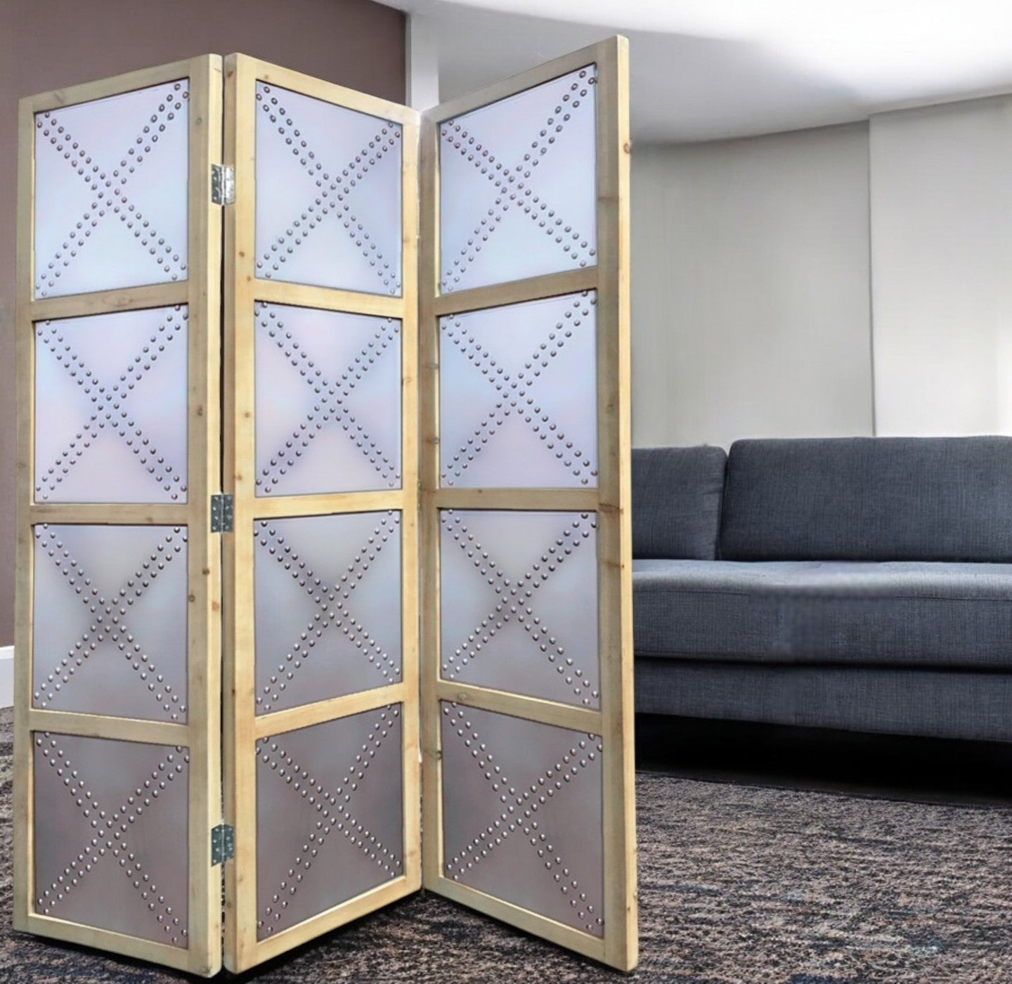 84" Silver Folding Three Panel Screen Room Divider-Room Dividers-DECOROLALA