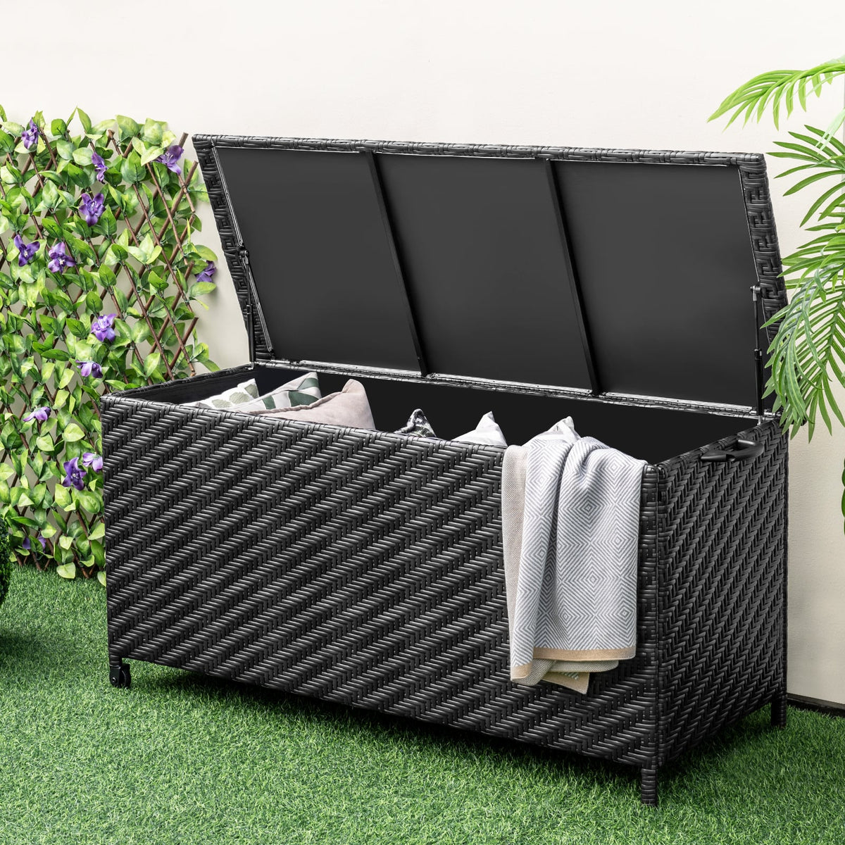 85 Gallon Outdoor Storage Box with Removable Liner and Universal Wheels-Black-Sheds & Outdoor Storage-DECOROLALA