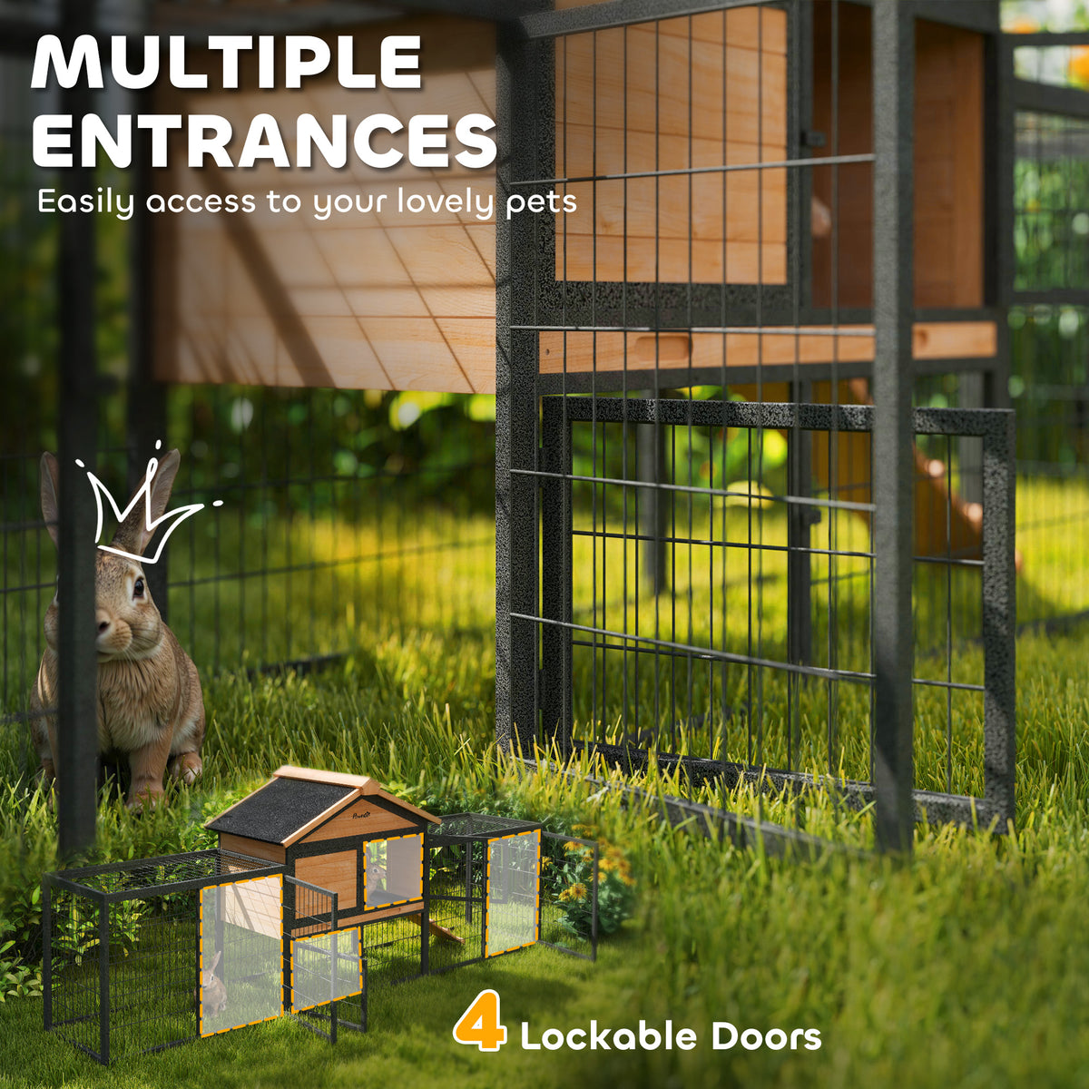 85" Large Wooden Outdoor Rabbit Hutch with Run - Yellow-Small Animals-DECOROLALA