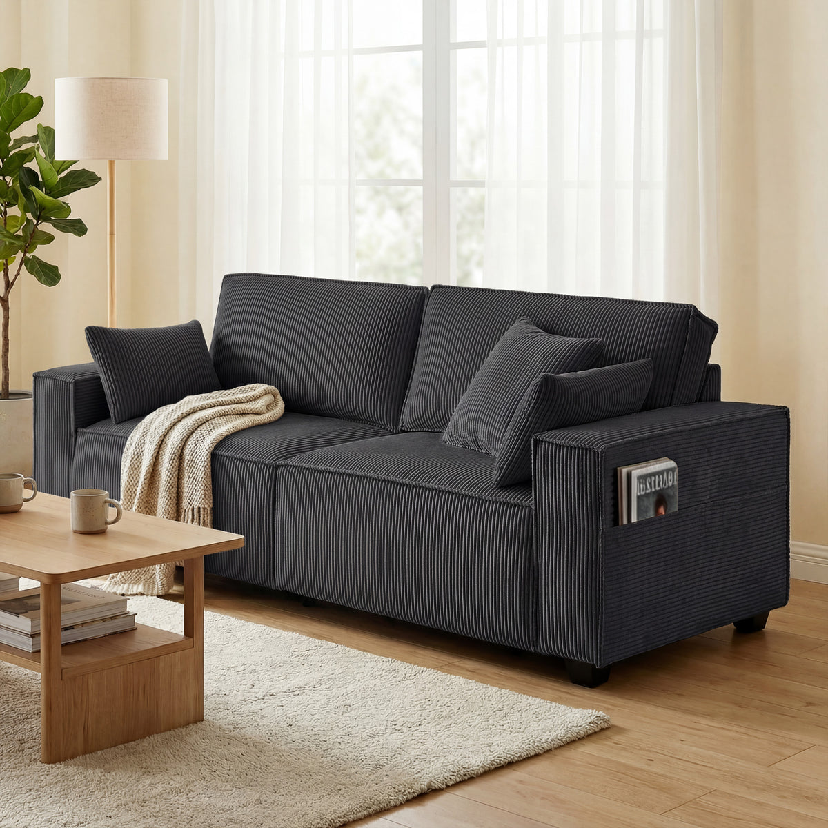 86" 3 Seater Modern Corduroy Sofa - Dark Grey-Home Furnishings > Living Room Furniture > Sofas & Reclining Chairs > 3-Seater Sofas-DECOROLALA