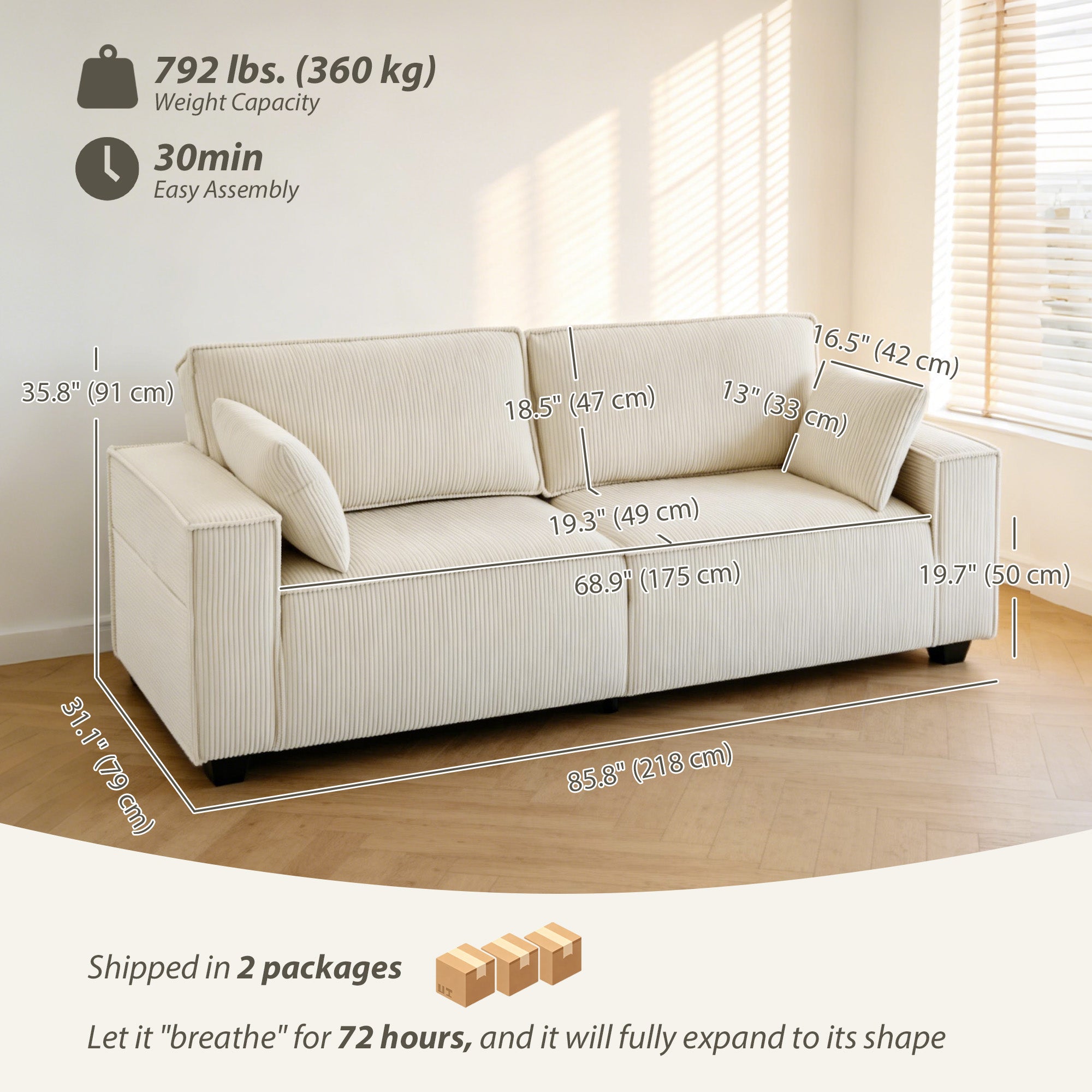86" 3 Seater Sofa - Beige Corduroy Upholstered Couch-Home Furnishings > Living Room Furniture > Sofas & Reclining Chairs > 3-Seater Sofas-DECOROLALA