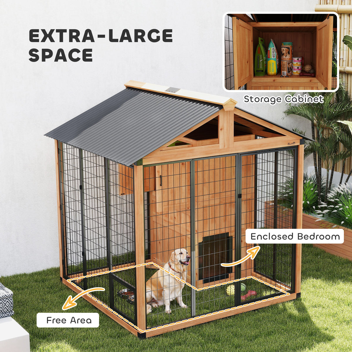 86" Outdoor Wooden Dog Kennel with Storage and Bowls - Yellow-Dogs-DECOROLALA