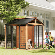 86" Outdoor Wooden Dog Kennel with Storage and Bowls - Yellow-Dogs-DECOROLALA