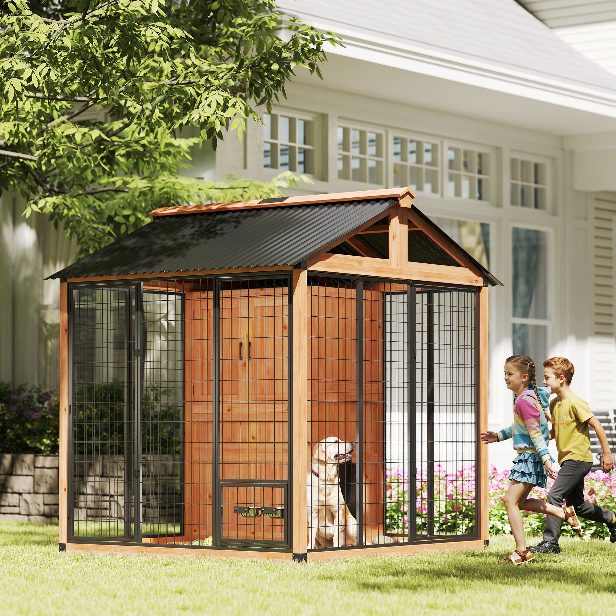 86" Outdoor Wooden Dog Kennel with Storage and Bowls - Yellow-Dogs-DECOROLALA