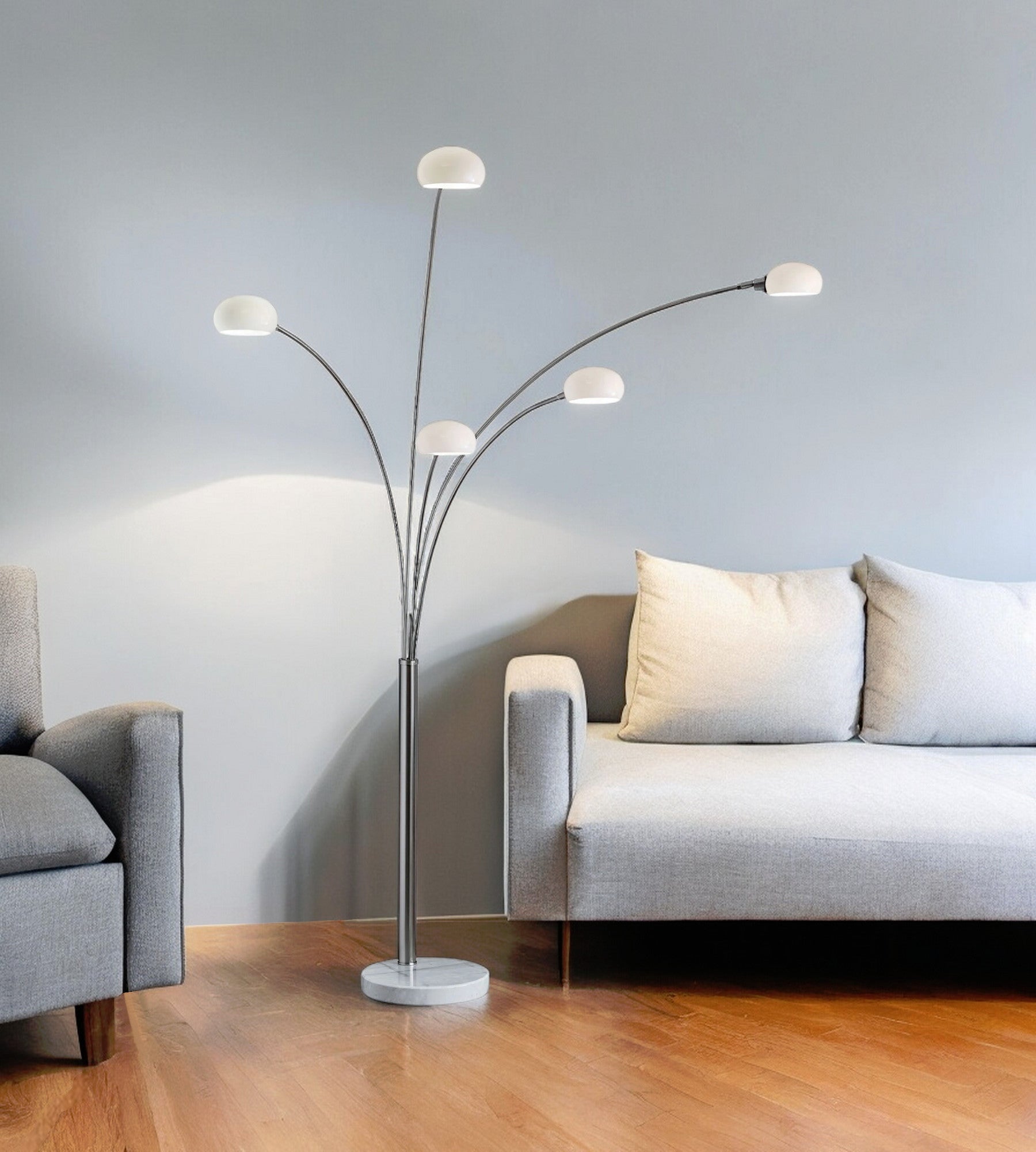 86" Steel Five Light Tree Floor Lamp With White Glass Dome Shade-Floor Lamps-DECOROLALA