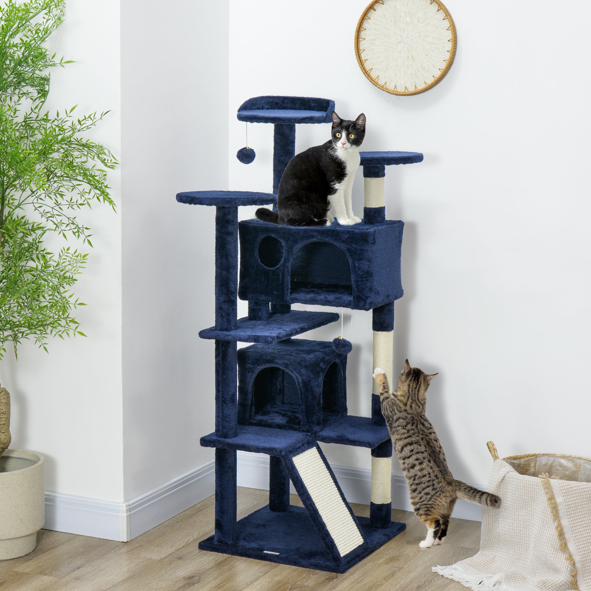 54" Cat Tree, Multi-Level Cat Tower with Scratching Posts, Cat Condos, Bed, Platforms, Ramp, Toy Ball, Dark Blue