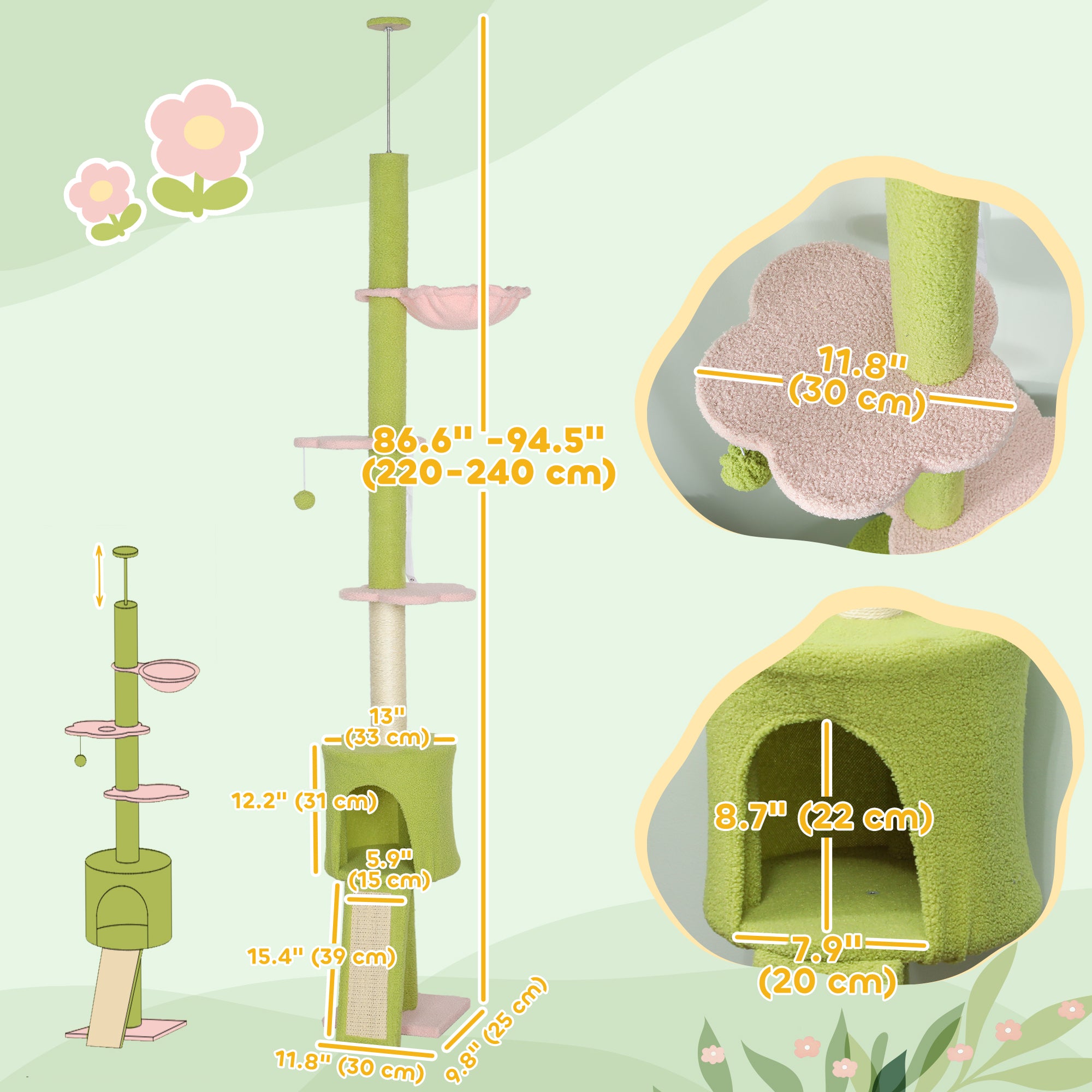 87"-94.5" Floor to Ceiling Cat Tree with Sisal Scratching Post, Condo, Hammock, Ramp, Perches, Green-Cats-DECOROLALA