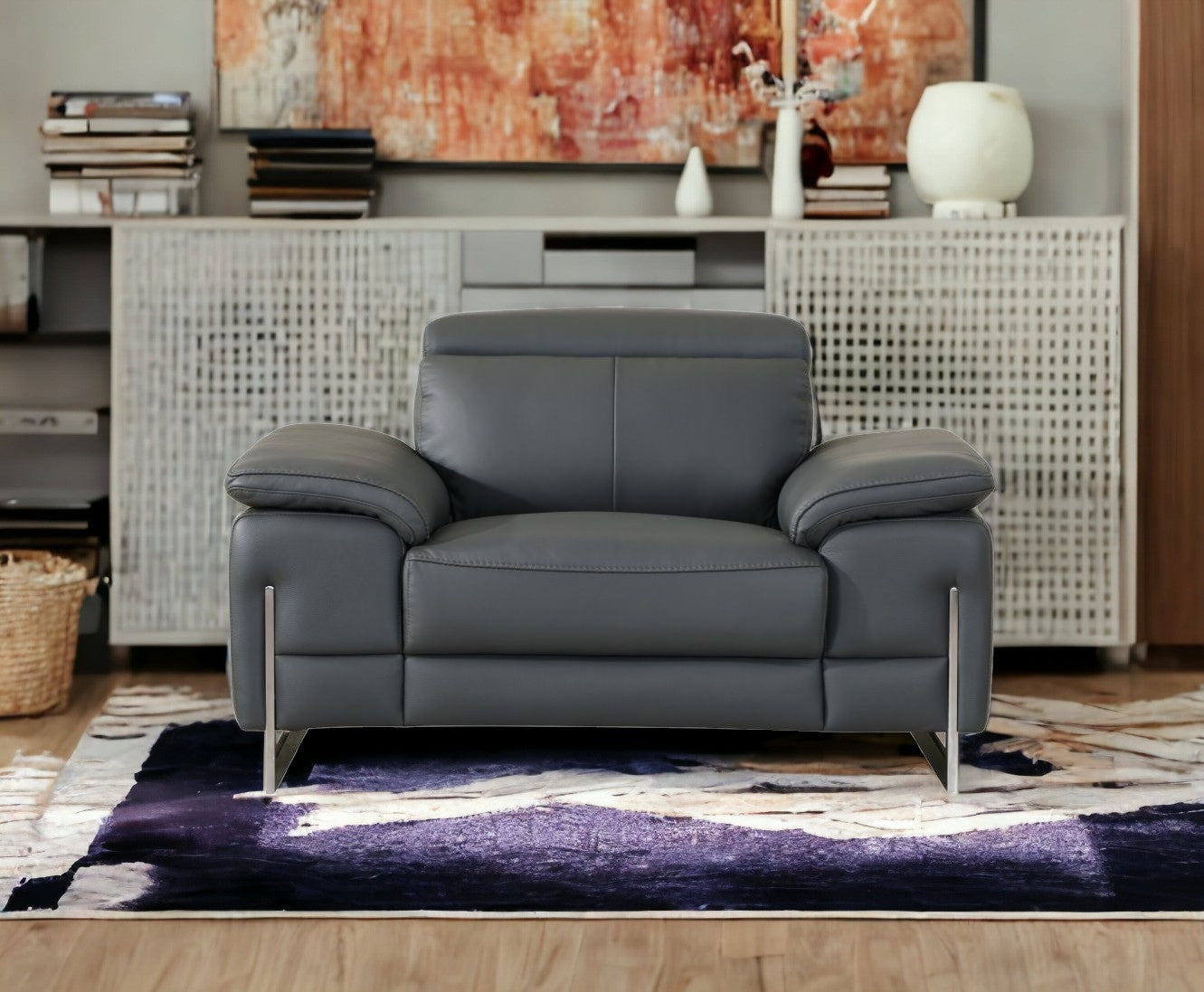 87" Gray And Silver Faux Leather Club Chair-Accent Chairs-DECOROLALA
