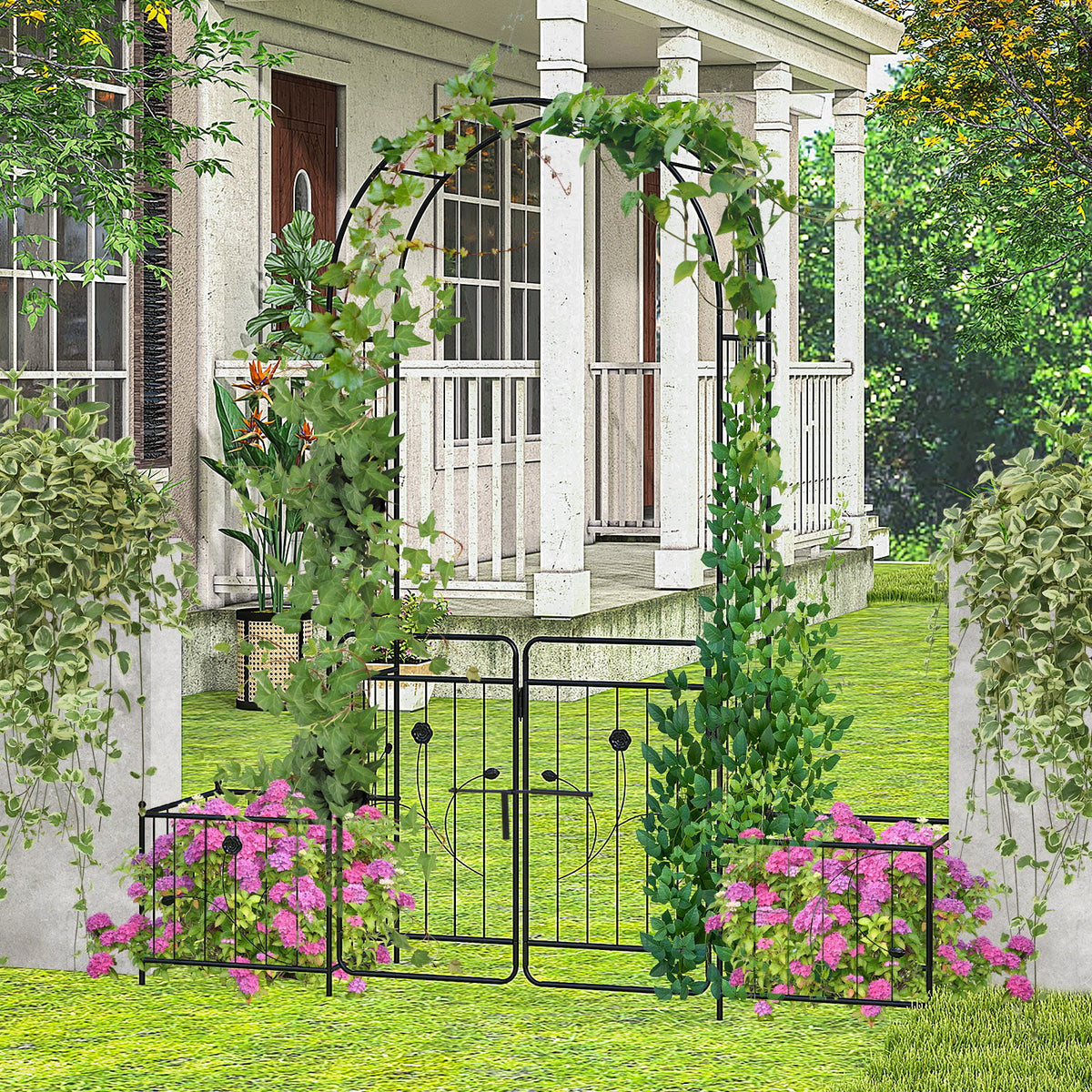 87 Inches Garden Arbor with Lockable Gate Side Planters-Black-Garden Arbors-DECOROLALA
