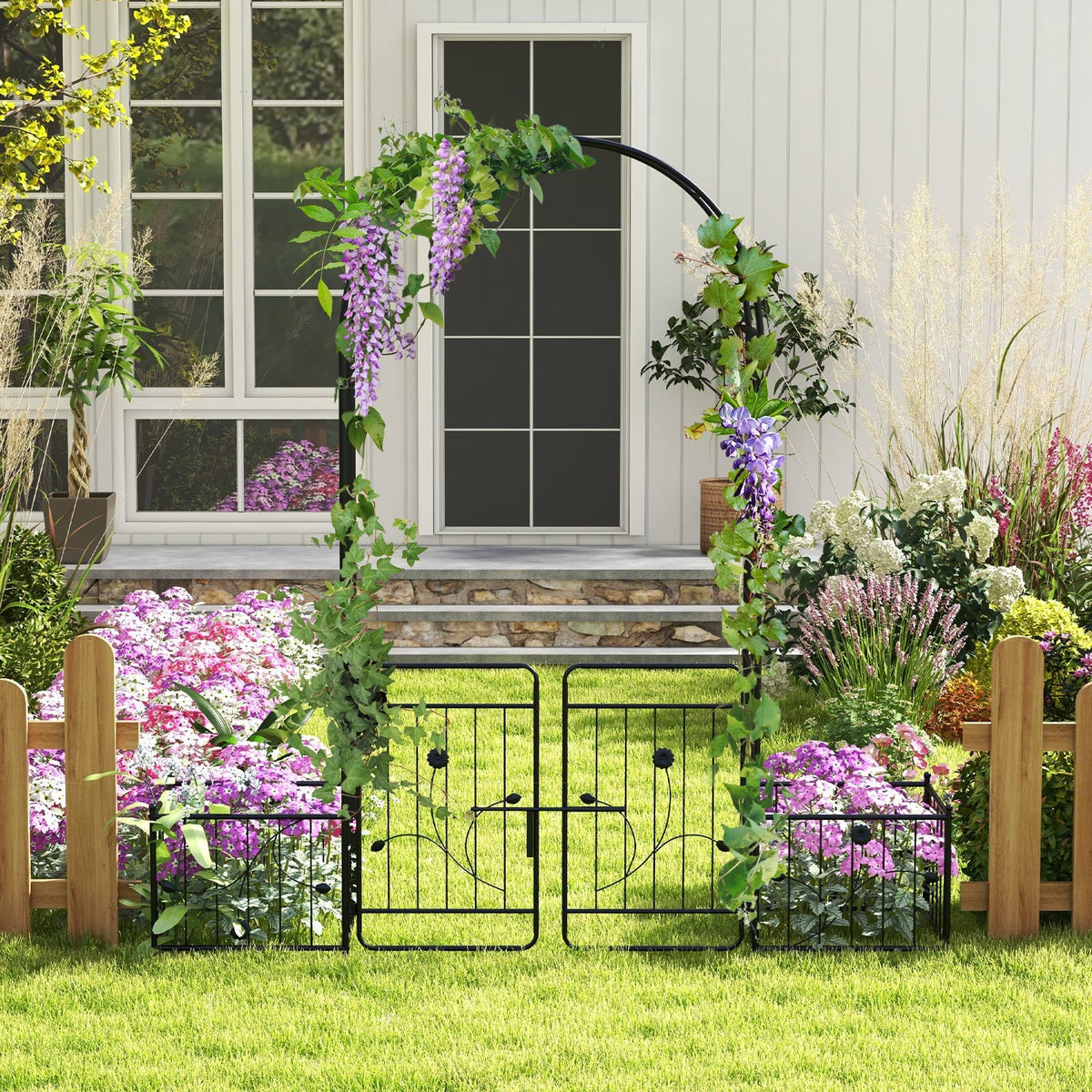 87 Inches Garden Arbor with Lockable Gate Side Planters-Black-Garden Arbors-DECOROLALA