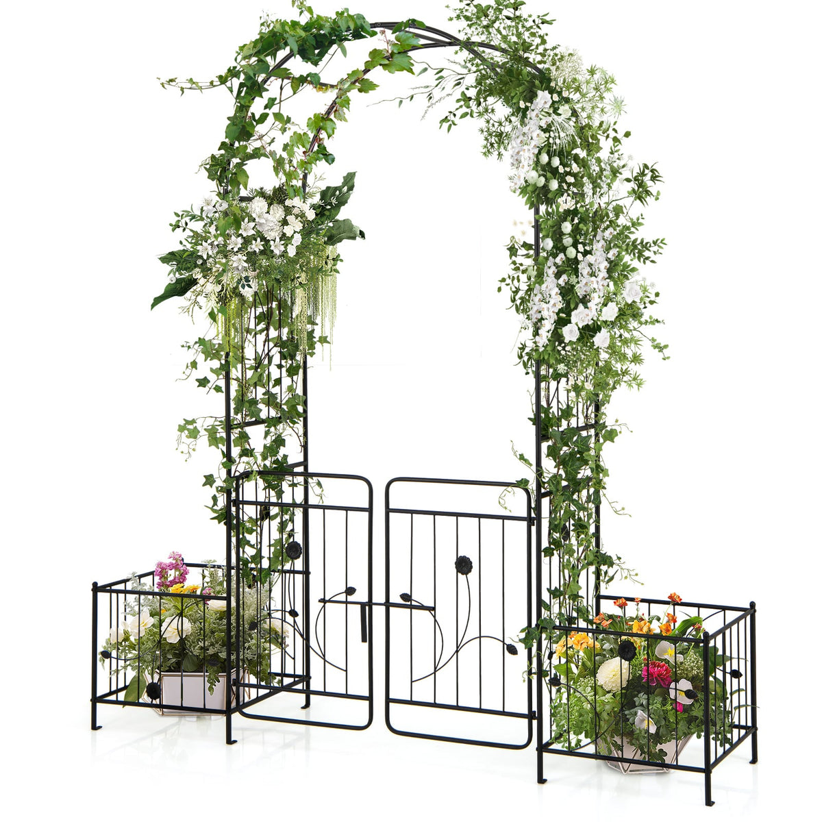87 Inches Garden Arbor with Lockable Gate Side Planters-Black-Garden Arbors-DECOROLALA