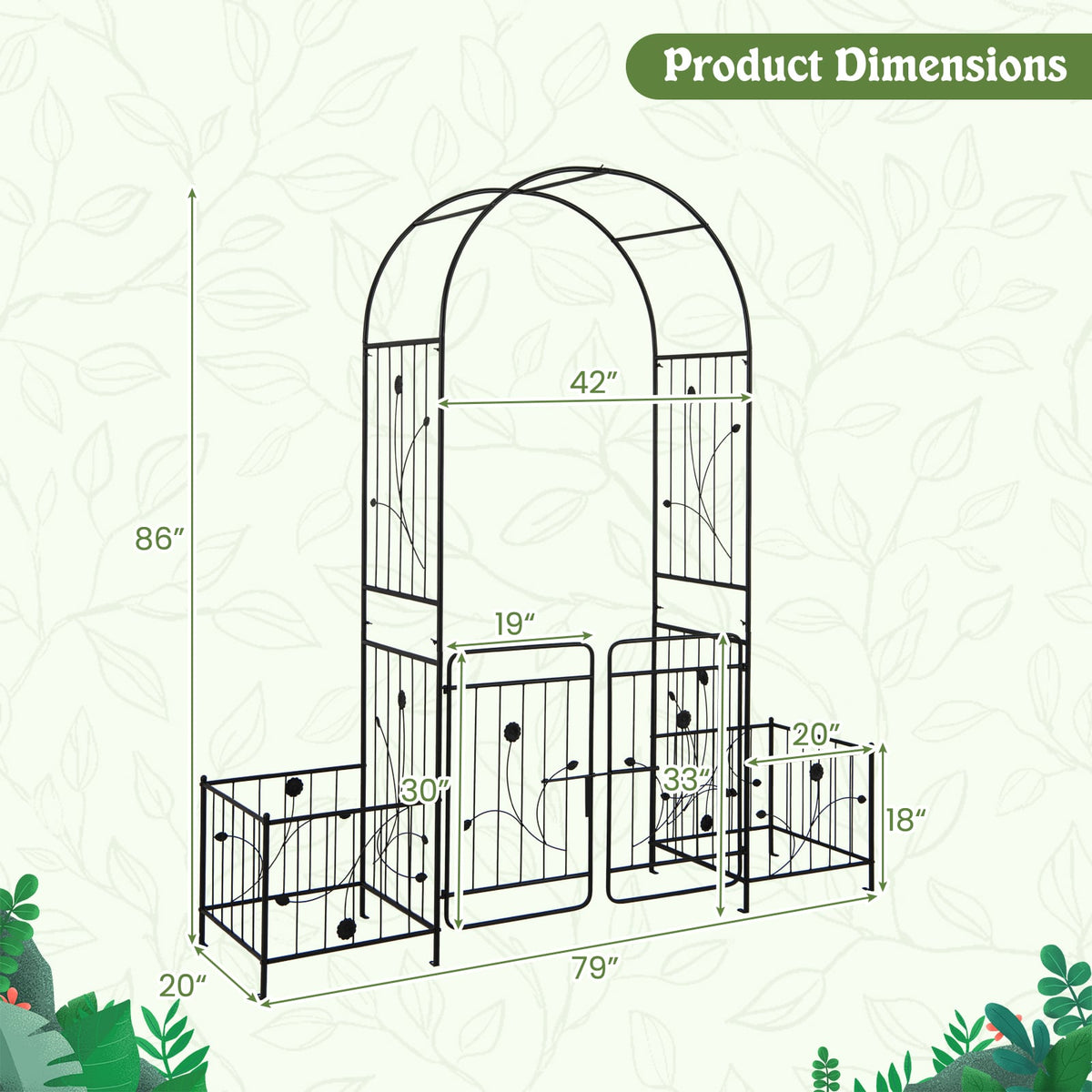 87 Inches Garden Arbor with Lockable Gate Side Planters-Black-Garden Arbors-DECOROLALA