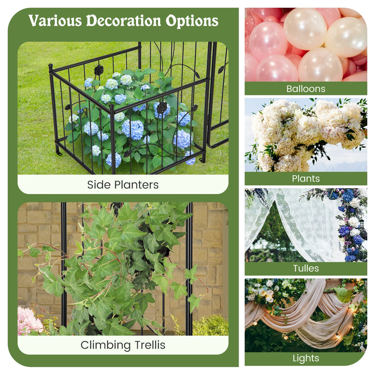 87 Inches Garden Arbor with Lockable Gate Side Planters-Black-Garden Arbors-DECOROLALA
