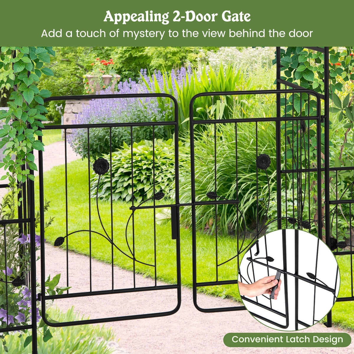 87 Inches Garden Arbor with Lockable Gate Side Planters-Black-Garden Arbors-DECOROLALA