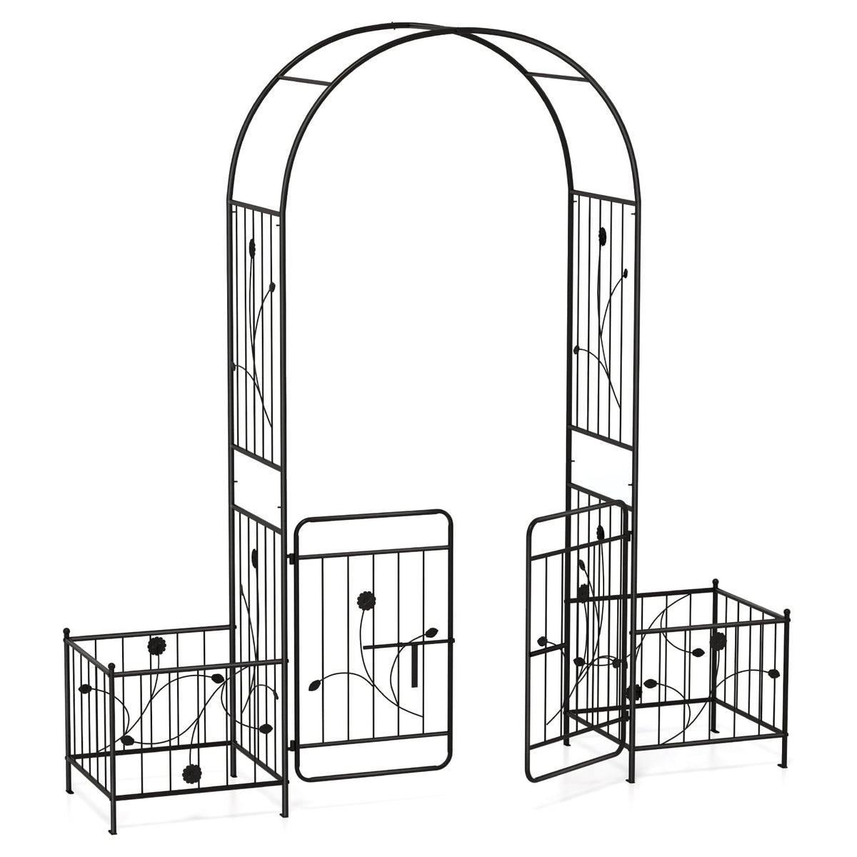 87 Inches Garden Arbor with Lockable Gate Side Planters-Black-Garden Arbors-DECOROLALA