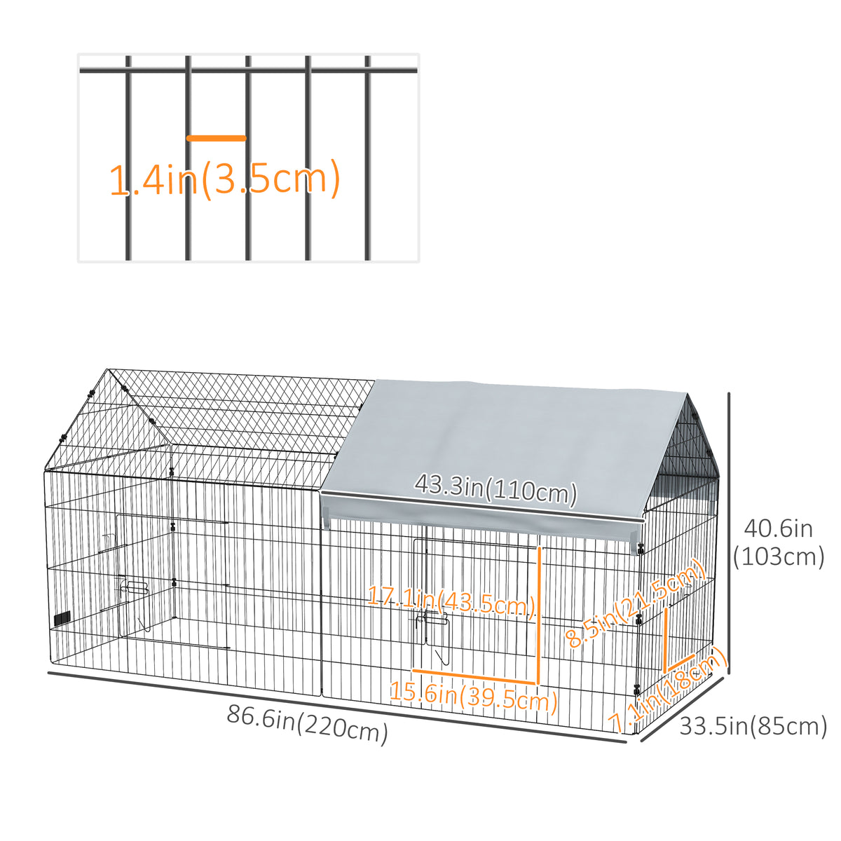 87" Small Animal Cage with UV Roof - Silver Steel Pet Run-Small Animals-DECOROLALA