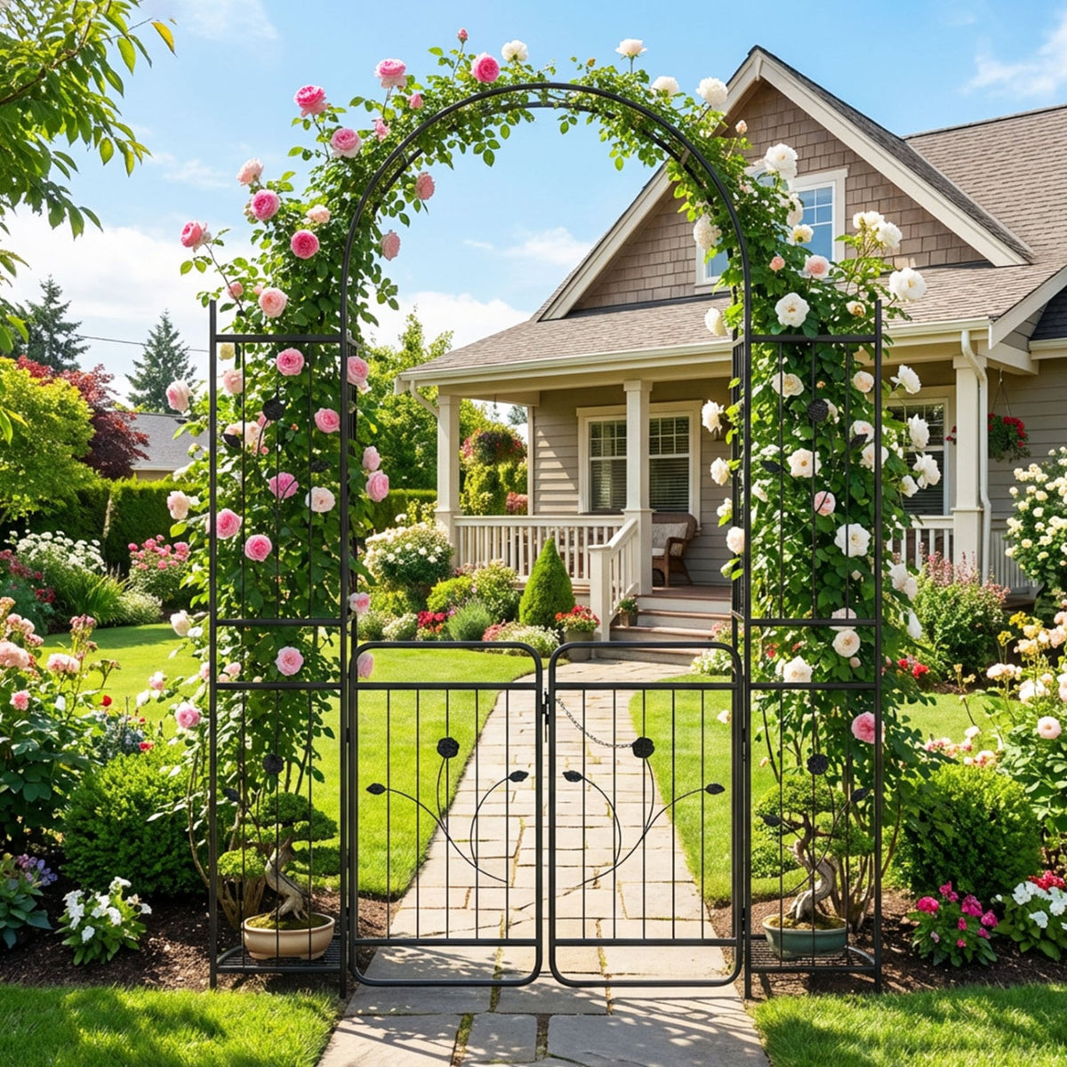 87 inch Tall Garden Arch with Gate Planter Shelves Climbing Trellises-Garden Arbors-DECOROLALA