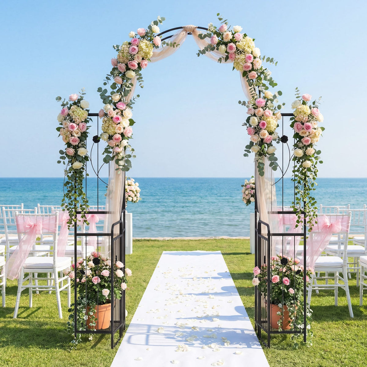 87 inch Tall Garden Arch with Gate Planter Shelves Climbing Trellises-Garden Arbors-DECOROLALA