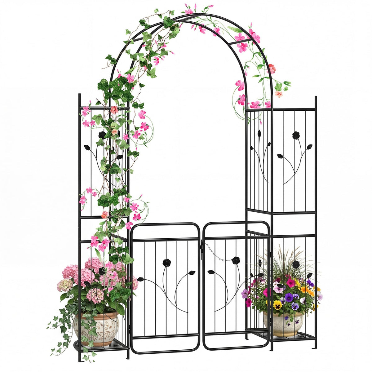87 inch Tall Garden Arch with Gate Planter Shelves Climbing Trellises-Garden Arbors-DECOROLALA