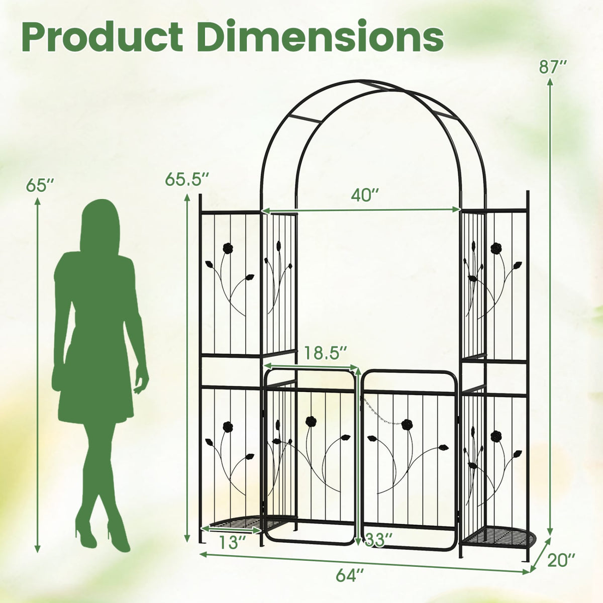 87 inch Tall Garden Arch with Gate Planter Shelves Climbing Trellises-Garden Arbors-DECOROLALA