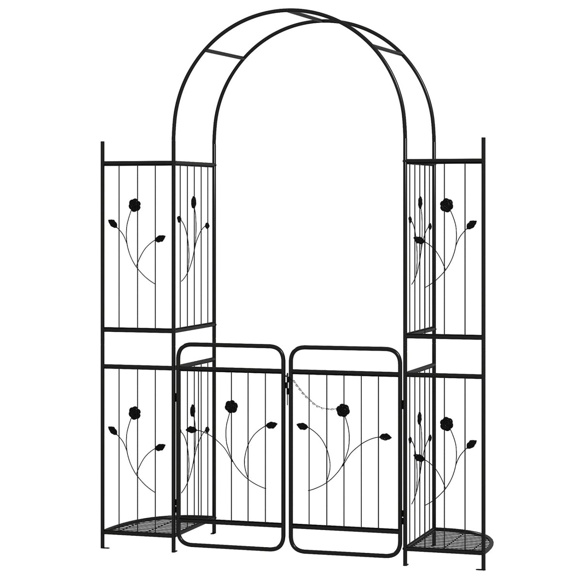 87 inch Tall Garden Arch with Gate Planter Shelves Climbing Trellises-Garden Arbors-DECOROLALA