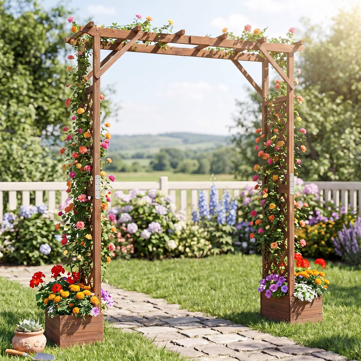 87in Tall Wooden Garden Arbor with Planter Boxes and Hanging Roof for Climbing Plants-Orange-Garden Arbors-DECOROLALA
