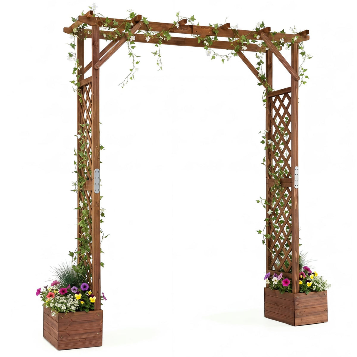 87in Tall Wooden Garden Arbor with Planter Boxes and Hanging Roof for Climbing Plants-Orange-Garden Arbors-DECOROLALA